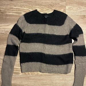 AllSaints Black and Taupe Striped Crewneck Sweater
